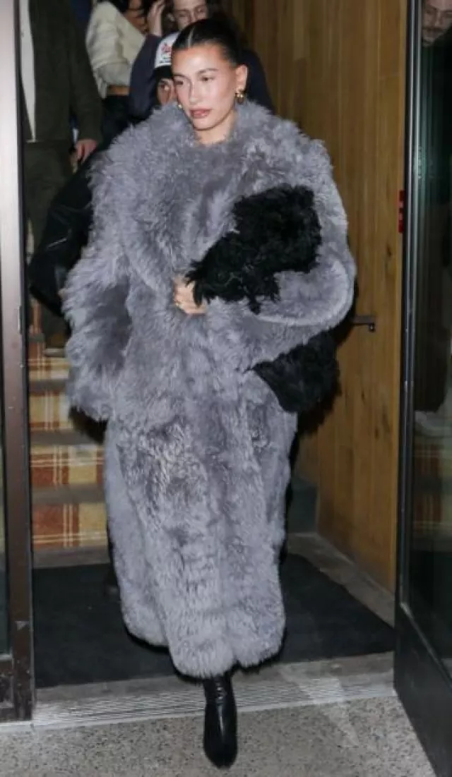Ferragamo Fur Coat worn by Hailey Bieber in Aspen on December 17, 2023