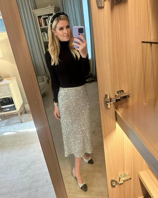 Alice + Olivia Maeve Sequin Slip Skirt worn by Nicky Hilton Rothschild ...