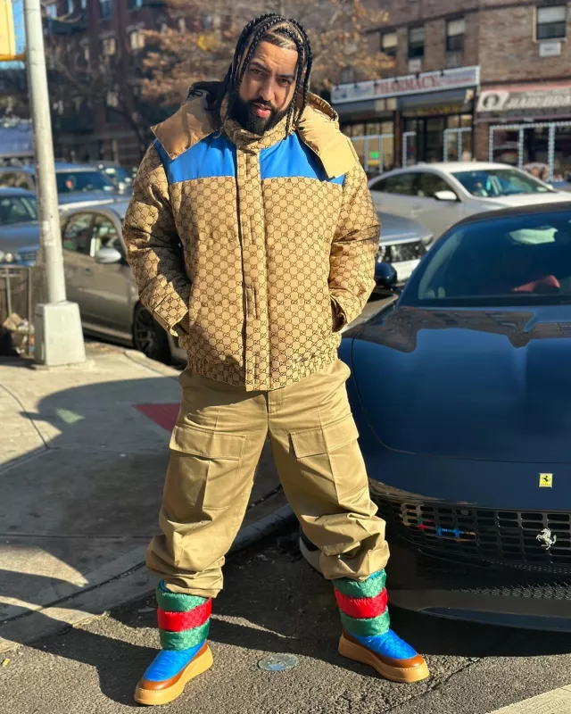 Gucci Beige-GG & Royal Blue Panel Puffer Vest worn by French Montana on the Instagram account @frenchmontana