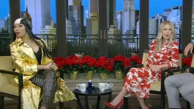 Dolce & Gabbana Crinkled Metallic Trench Coat with Belt worn by Nicki Minaj as seen in LIVE with Kelly and Mark on December 20, 2023