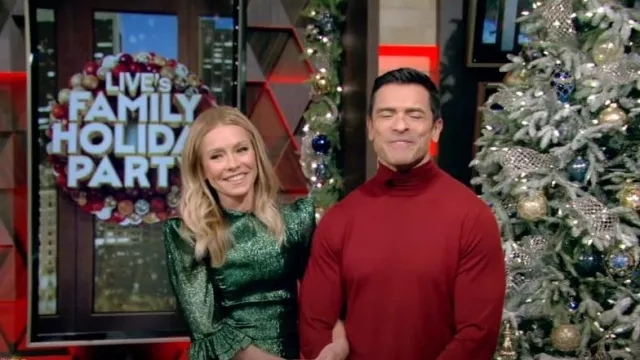 The Vampires Wife The Falconetti Ruffled Metallic Silk-blend Dress worn by Kelly Ripa as seen in LIVE with Kelly and Mark on December 22, 2023