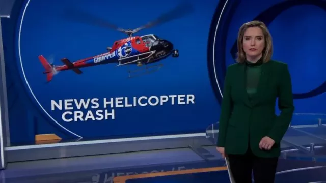 Zara Blazer with Tuxedo Collar in Green worn by Margaret Brennan as seen in CBS Evening News on December 21, 2023