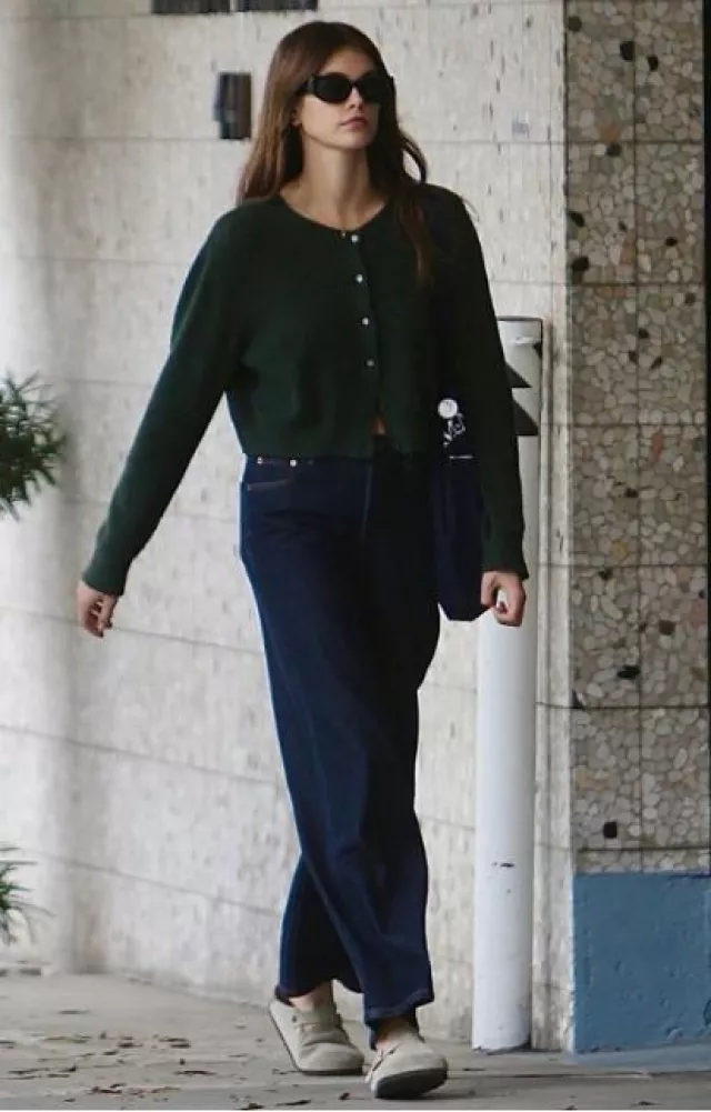 Birkenstock Boston Suede Clogs worn by Kaia Gerber in Beverly Hills on December 18, 2023