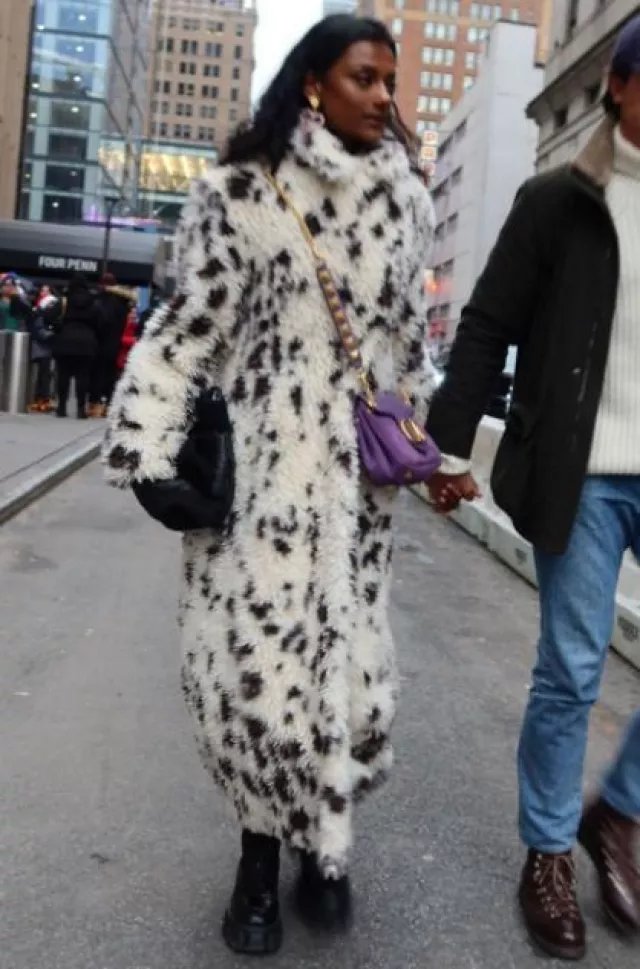 Stella McCartney Appaloosa Print Long Teddy Coat worn by Simone Ashley in New York City on December 23, 2023