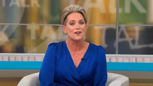 Shein Frenchy Lantern Sleeve Twist Front Wrap Hem Satin Dress worn by Jamie Yuccas as seen in CBS Mornings on December 27, 2023
