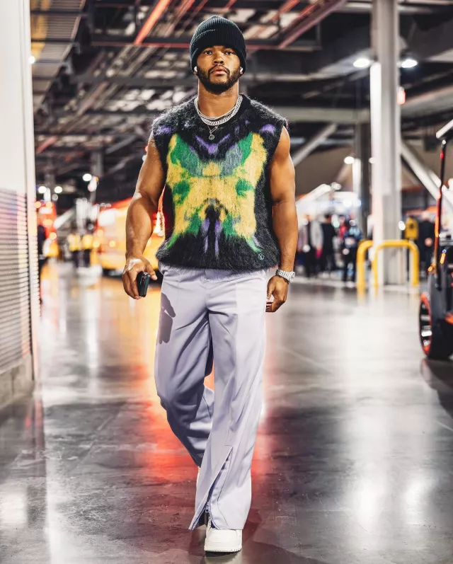 Louis Vuitton Lavender Tailored Flared Pants worn by Kyler Murray on the Instagram account @k1