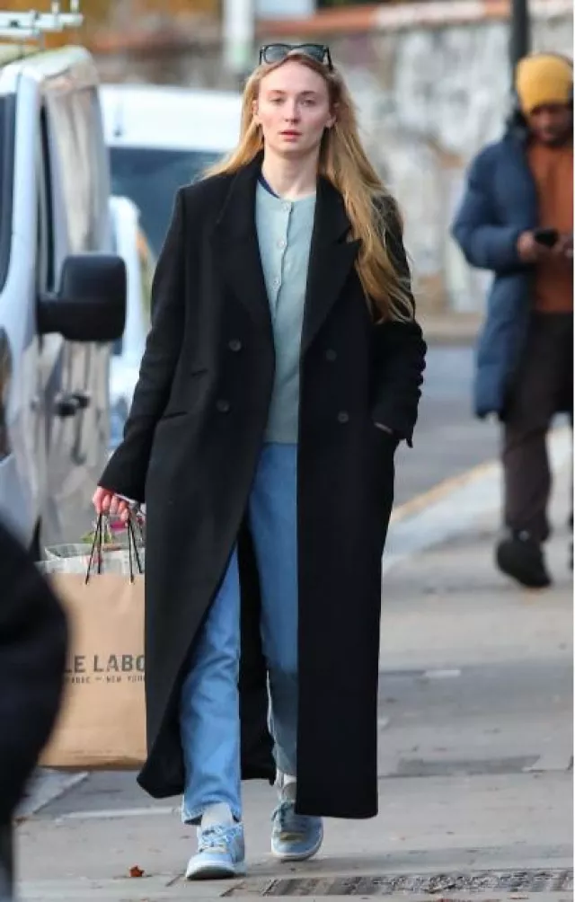 Vince Wool-Blend Three-Quarter-Sleeve Shrunken Cardigan in Sea Mist worn by Sophie Turner in London on December 15, 2023