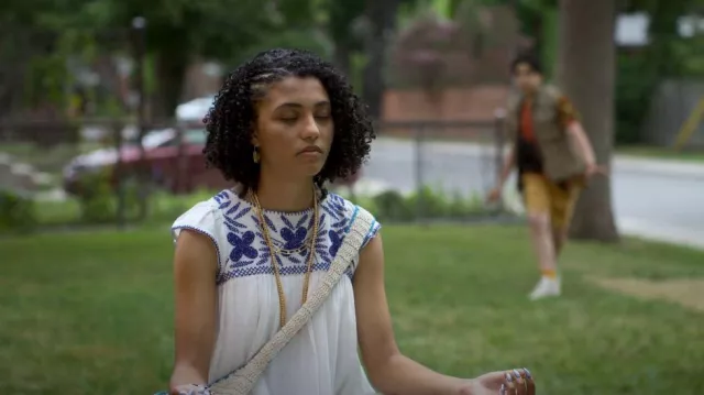 UO Corsica Embroidered Mini Dress worn by Madison Spencer (Aaliyah Cinello) as seen in I Woke Up a Vampire (S01E03)