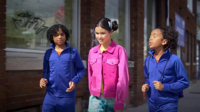 Ganni Pink Denim Jacket worn by Carmie Henley (Kaileen Chang) as seen in I Woke Up a Vampire (S01E04)