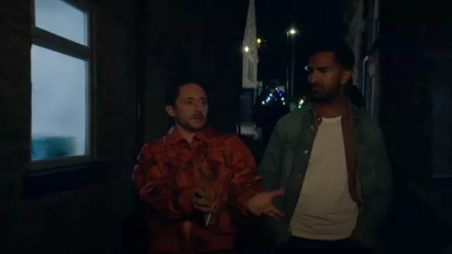 Boohooman Or­ange Boxy Print­ed Pu Col­lared Bomber worn by Tommo (Ryan Sampson) as seen in Brassic (S05E09)
