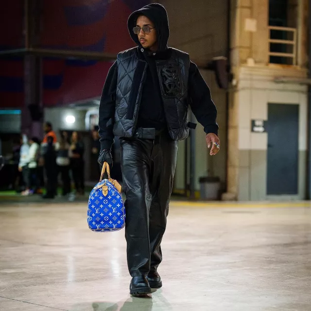 Comme Des Garçons Black Leather Utility Pocket Belt portée par Jules Koundé sur le compte Instagram @jkeey4