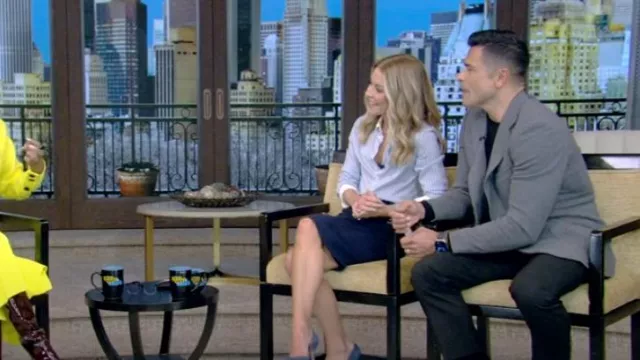 Celine Romy Shirt In Striped Silk worn by Kelly Ripa as seen in LIVE with Kelly and Mark on January 2, 2024