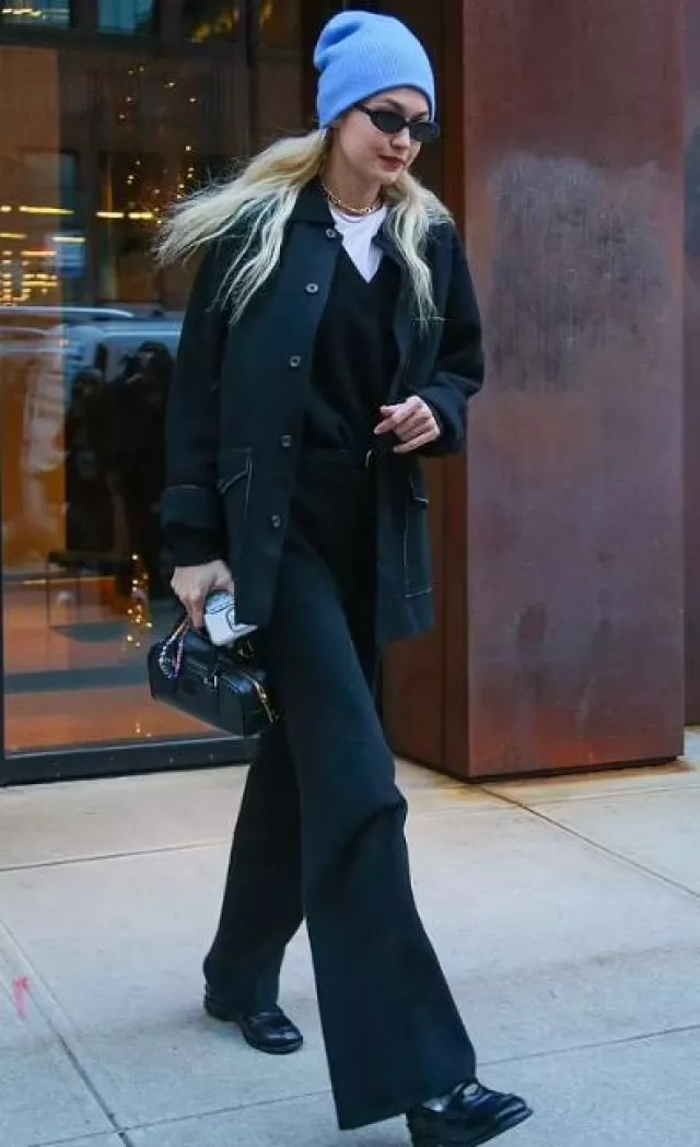 Miu Miu Leather Penny Loafers worn by Gigi Hadid in New York City on December 19, 2023