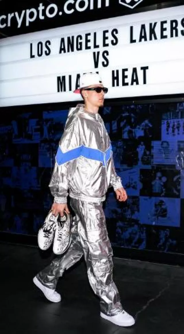 Golden Goose Metallic Silver & Blue-Stripe Windbreaker worn by Tyler Herro on the Instagram account @nolimitherro
