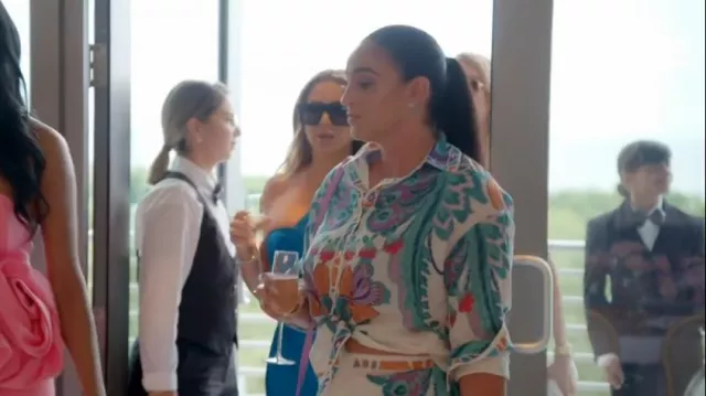 Ecirod Casual Floral Print 2 Piece Outfits Summer Long Sleeve Shirts Top Shorts Sweatsuit Set Blue worn by Mari as seen in The Real Housewives of Miami (S06E10)