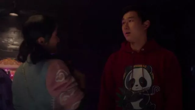 Marijuana Smoking Panda Hoodie in red worn by Bruce Sun (Sam Song Li) as seen in The Brothers Sun TV show (S01E01)