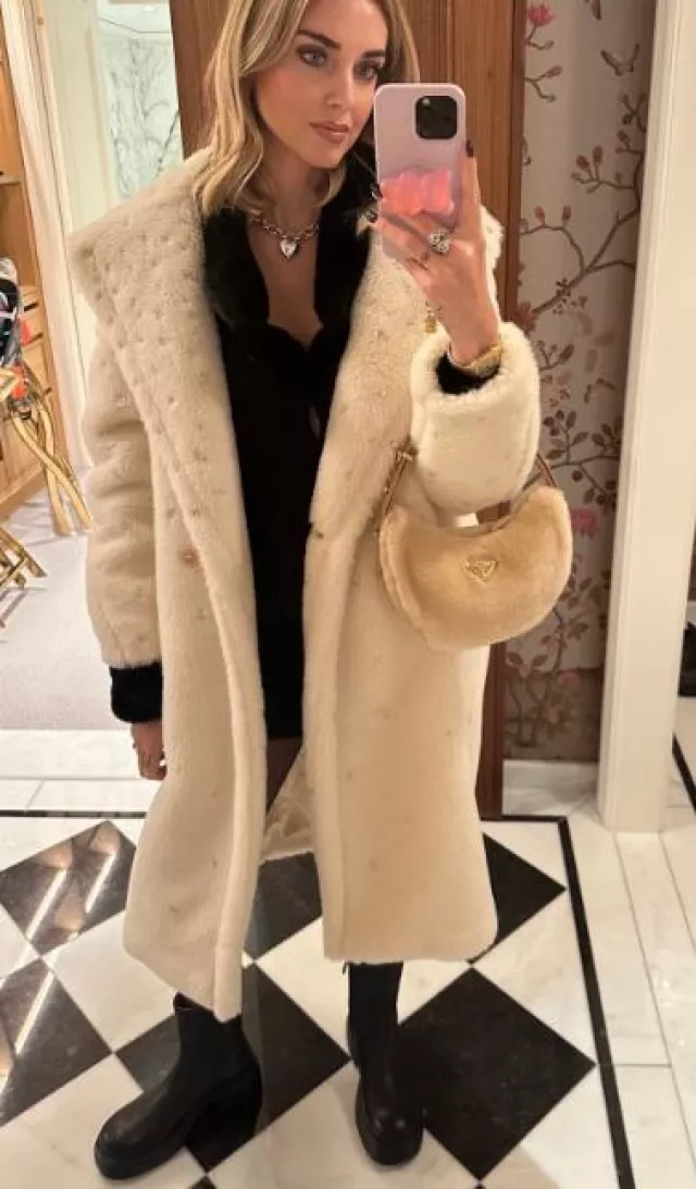 House of CB Blanche Black Faux Fur Trim Cardigan worn by Chiara Ferragni on her Instagram Story on December 8, 2023