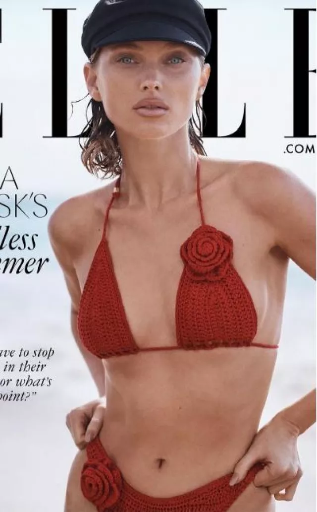 Meshki Valencia Rose Contrast Crochet Bikini Bottom in Red worn by Elsa Hosk at Elle Australia on December 8, 2023