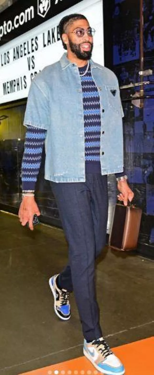 Prada Blue Denim Boxy Snap Shirt worn by Anthony Davis on the Instagram account @anthonydavislaker