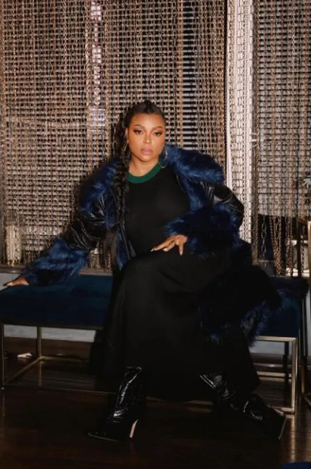 Kim Shui Maxi Blue Croc Coat worn by Taraji P. Henson on her Instagram post on January 4, 2024