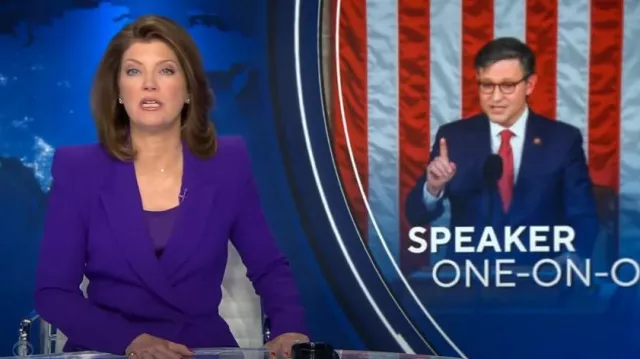 Sergio Hudson Mini Dress with Velvet Detail in Deep Purple worn by Norah O'Donnell as seen in CBS Evening News on January 3, 2024