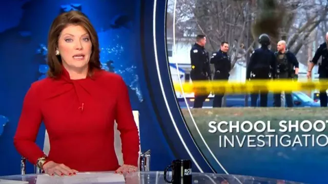 Rickie Freeman for Teri Jon Twist-Neck A-Line Crepe Midi Dress worn by Norah O'Donnell as seen in CBS Evening News on January 5, 2024