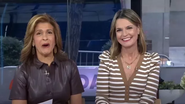 Kendra Scott Gold Plated Elle Drop Earrings in Brown Tigers Eye worn by Hoda Kotb as seen in Today on January 9, 2024