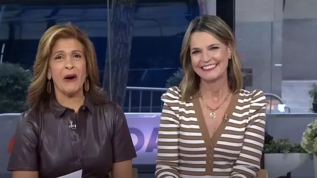 Veronica Beard Delkab Striped Puff-Sleeve Top in Camel Multi worn by Savannah Guthrie as seen in Today on January 9, 2024