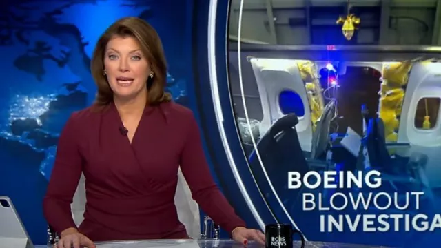 The Fold Belleville Top in Plum worn by Norah O'Donnell as seen in CBS Evening News on January 9, 2024