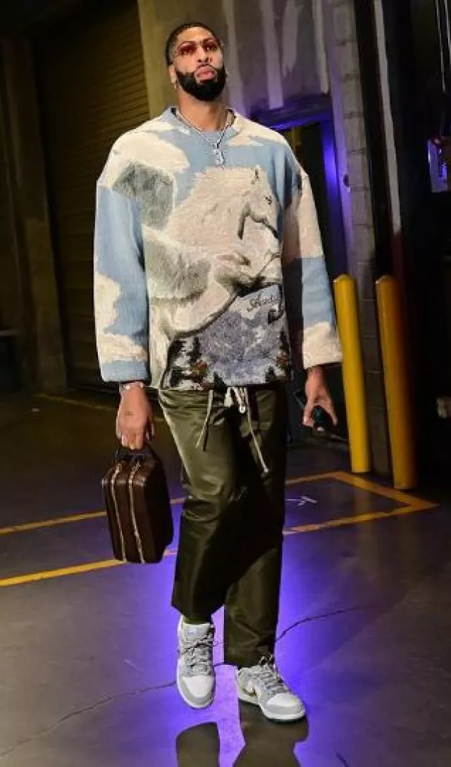 Amiri Light Blue Pegasus Tapestry Sweatshirt worn by Anthony Davis on the Instagram account @anthonydavislaker