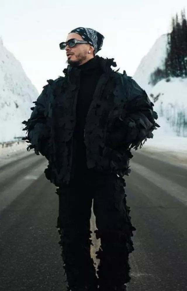 Off-White x Post Archive Faction Black Leaves Jacket worn by J Balvin on the Instagram account @jbalvin