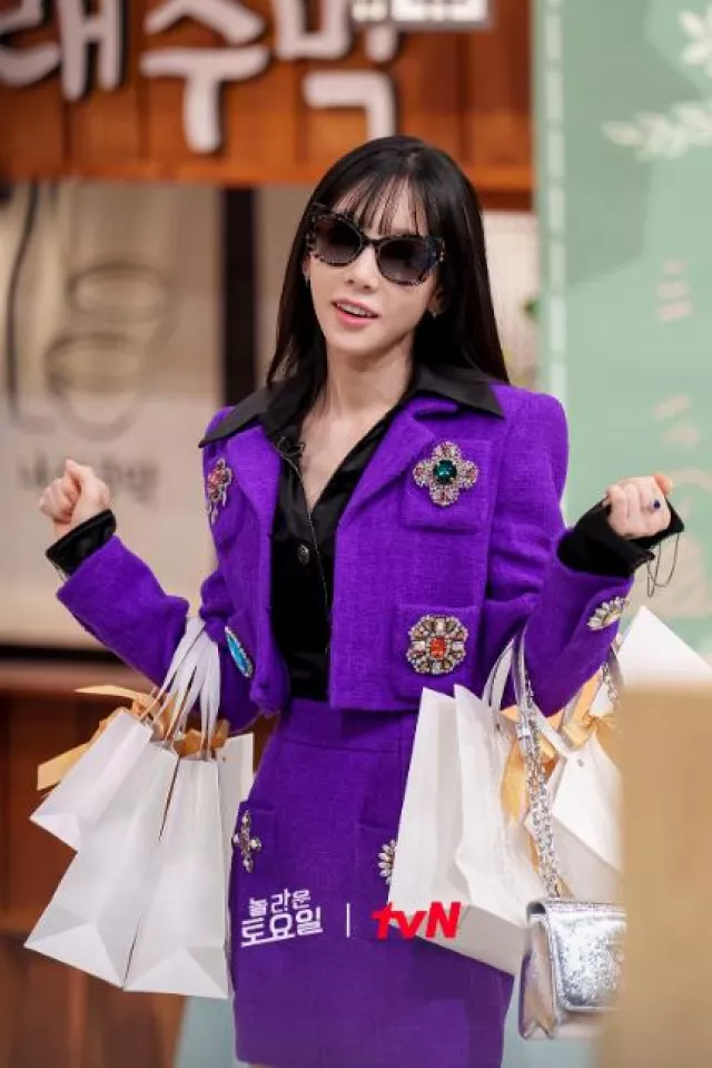 Moschino Jewel Buttons Boucle Miniskirt worn by Taeyeon at Amazing Saturday Ep 298 on January 13, 2024