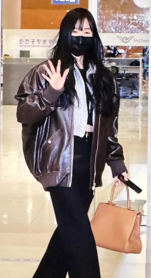 Halfboy Leather Bomber Jacket with Logo worn by Tiffany at Incheon ...