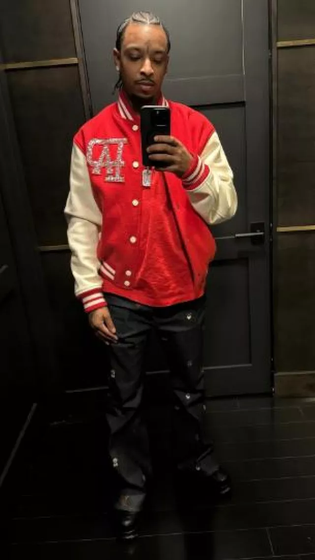 Louis Vuitton Red & White Crystal-PA Varsity Jacket worn by 21 Savage on the Instagram account @21savage
