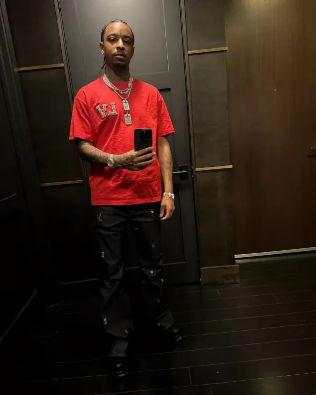 Louis Vuitton Red Crystal-LV Logo T-Shirt worn by 21 Savage on the Instagram account @21savage
