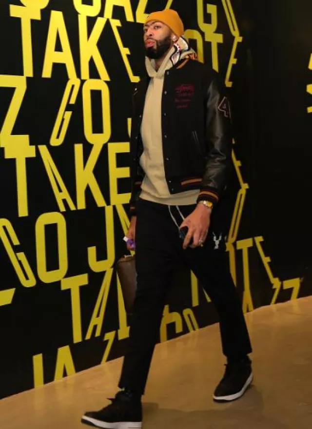 Stüssy Black 8 Ball Varsity Jacket worn by Anthony Davis on the Instagram account @adav3s