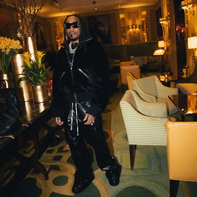Rick Owens Black Leather Flared Cargobelas Pants worn by Quavo on the Instagram account @quavohuncho