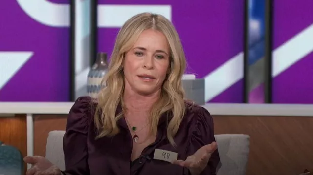 Frame Gillian Long Sleeve Top in Plum worn by Chelsea Handler as seen in The Talk on January 12, 2024