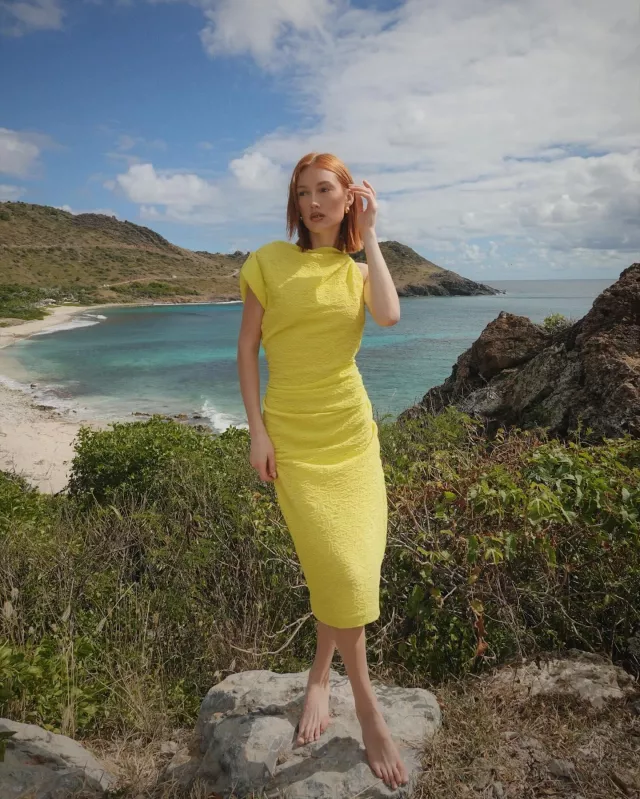 Vestido midi drapeado de mezcla de algodón con jacquard drapeado de Isabel Marant Franzy usado por Meredith Duxbury en su publicación de Instagram el 3 de enero de 2024