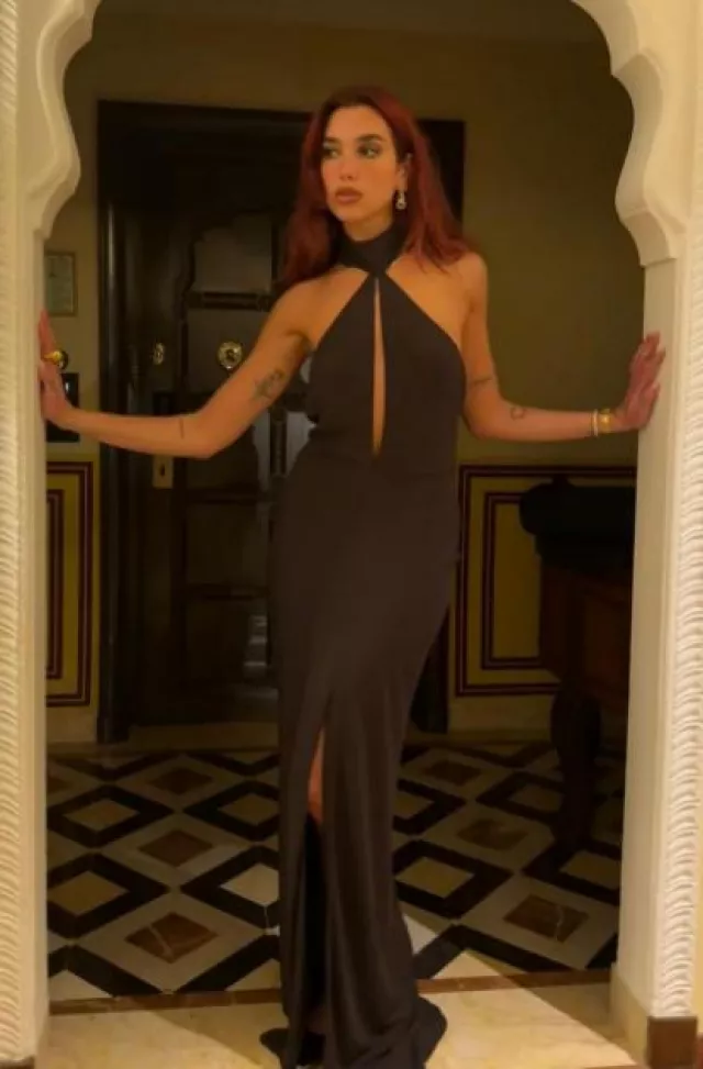 Tom Ford Sable Jersey Halterneck Evening Dress worn by Dua Lipa on her Instagram Post on January 1, 2024