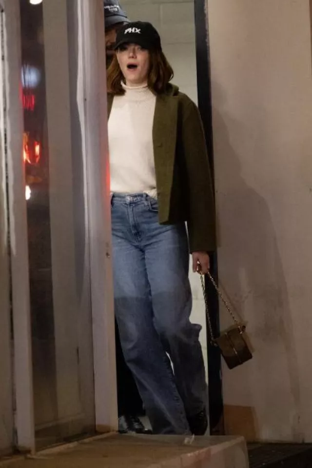 Toteme Felted Wool Blend Duffle Jacket worn by Emma Stone at Sushi Park on January 12, 2024