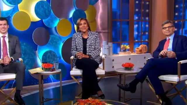 Blazer de tweed a cuadros rosa sin fin usado por Robin Roberts como se ve en Good Morning America el 16 de enero de 2024