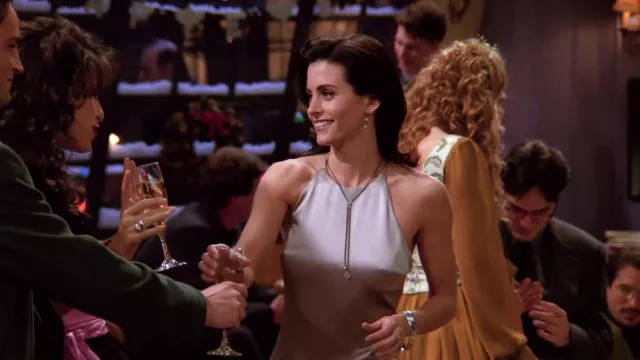 Dark Silver Satin Slip Dress worn by Monica Geller (Courteney Cox) in Friends (S01E10)