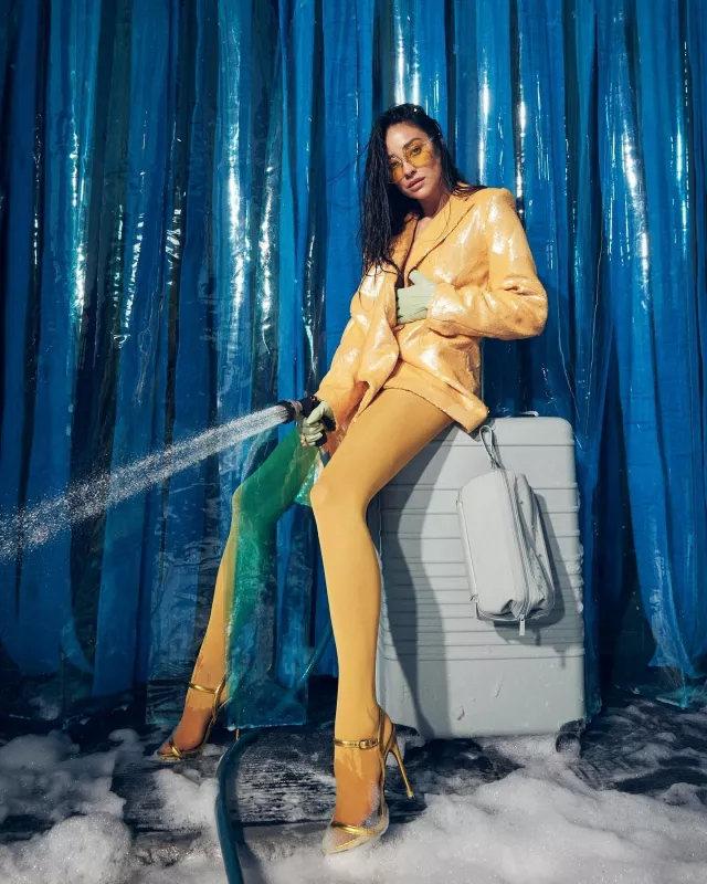 Beis The 29 Large Check In Roller in Slate worn by Shay Mitchell on her Instagram Story on January 17, 2024