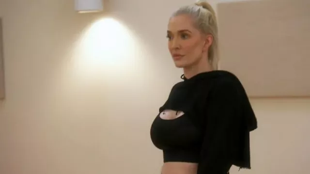 Halle Berry x Sweaty Betty Black Super Cropped Hoodie worn by Erika Girardi as seen in The Real Housewives of Beverly Hills (S13E12)