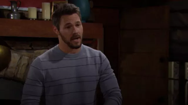 Pull à col rond à rayures en laine mérinos Theory Kenny porté par Liam Spencer (Scott Clifton) tel qu’on le voit dans The Bold and the Beautiful le 11 janvier 2024