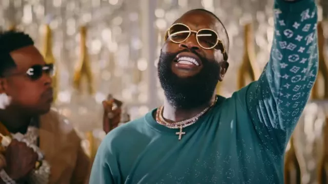 Louis Vuitton Green & White Gradient Monogram Sweater worn by Rick Ross in Finesse2tymes - Fat Boy (feat. Rick Ross) [Official Music Video]