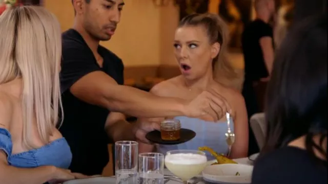 White Fox For the Night Mi­ni Dress Ba­by Blue worn by Ariana Madix as seen in Vanderpump Rules (S10E08)
