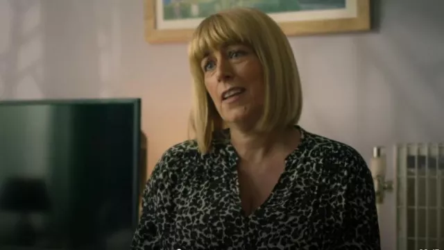 Whistles Shadow Leopard Blouse worn by Anne Stone (Fay Ripley) as seen in  Finders Keepers (S01E01)