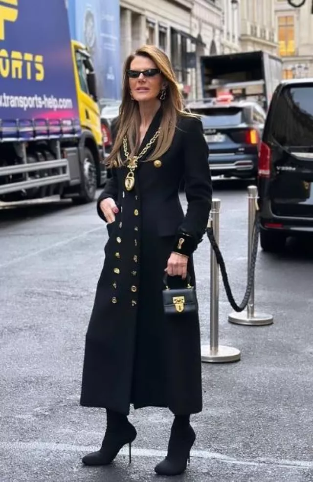 Schiaparelli Long Double-Breasted Coat worn by Anna Dello Russo at Schiaparelli Haute Couture Paris Show on January 22, 2024